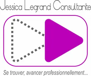 logo Jessica Legrand, deux flêches aux bords arrondis, une violette et l'autre transparente entourée de pointillés noirs.